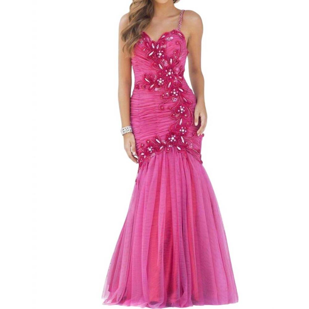 NEW BLUSH PROM floral embellished pleated mermaid gown in berry